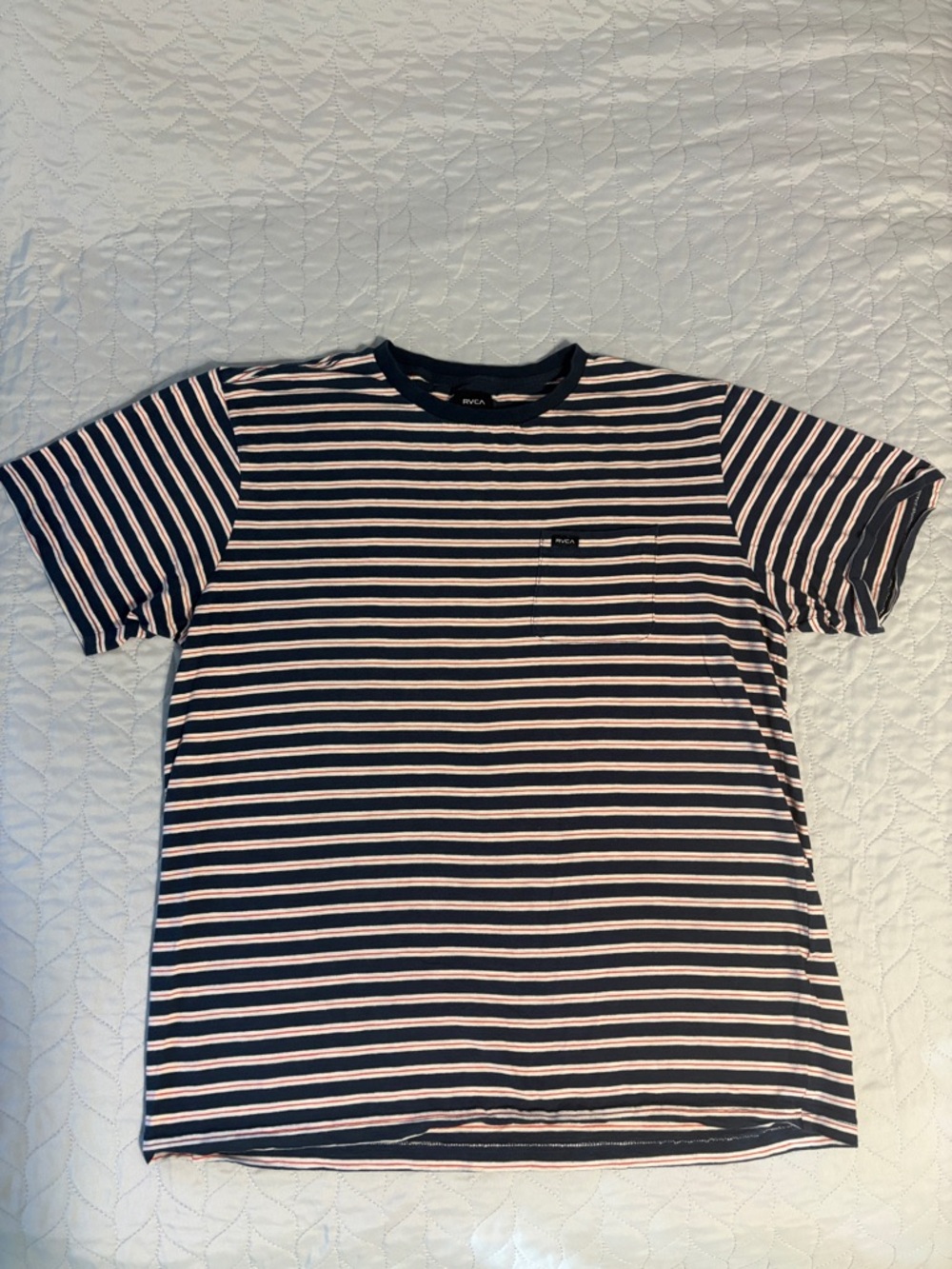 RVCA Navy and Pink Horizontal Stripe Pocket Tee